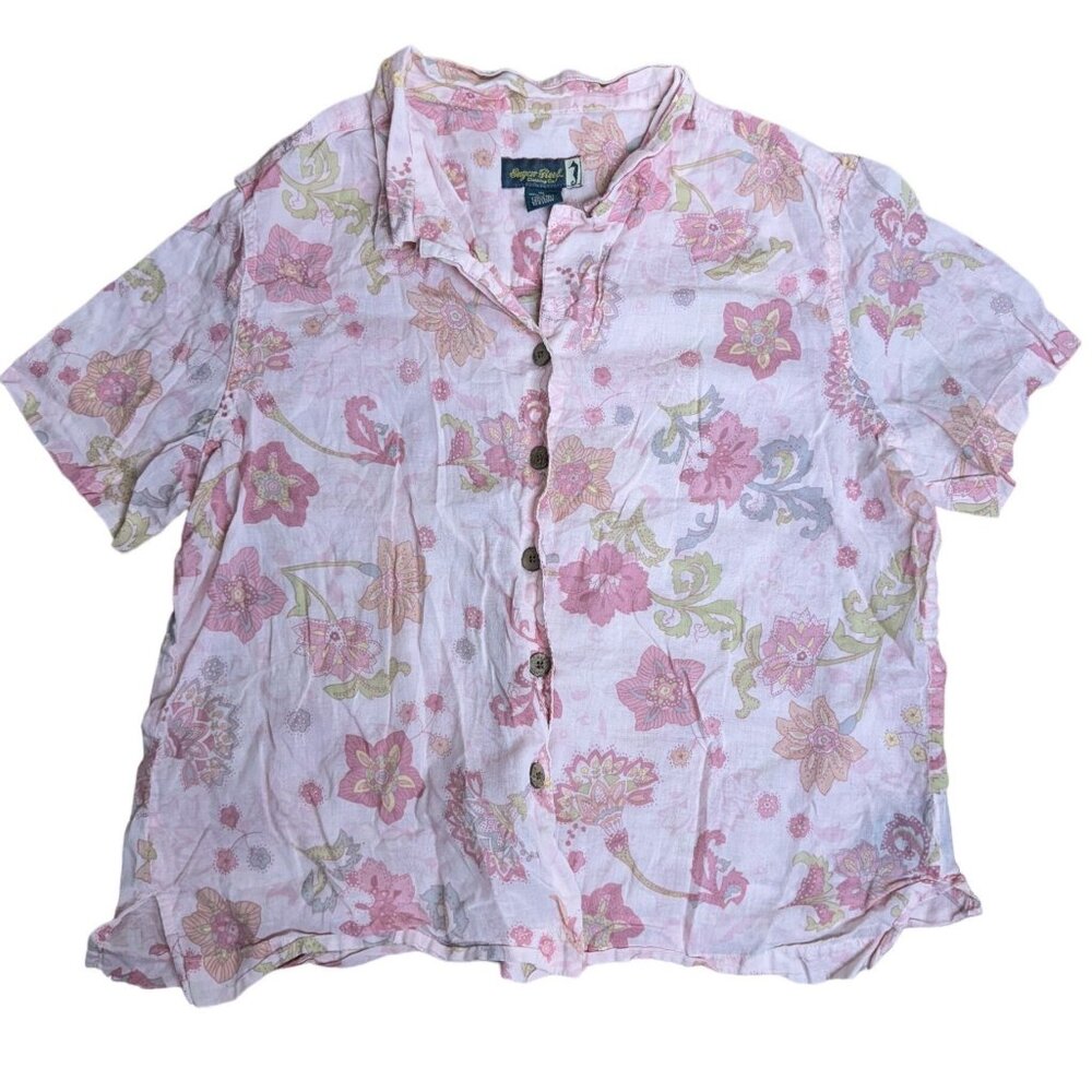 Sugar Reef Womens XL Floral Button-Up Short Sleeve Shirt 100% Cotton Pink VTG